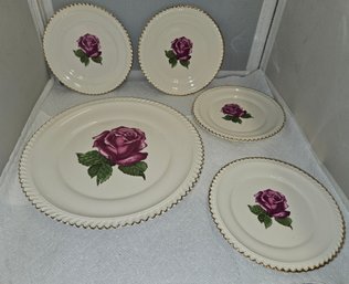Lot 5-157 Cake Plate, Four Serving Plates (brn Shelf By Bathrm)