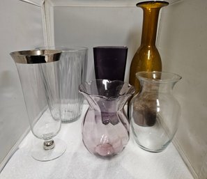 Lot 5-279 Six Large/Medium Glass Vases Purple, Brown, Clear, Etc. (top Black File)