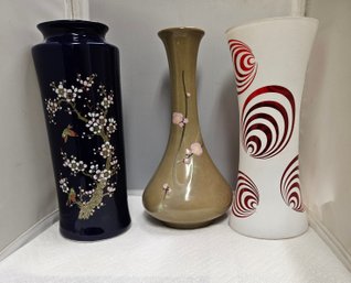 Lot 5-280 Three Tall Vases Blue W/birds, Beige, White With Red Circle Design (top Black File)