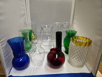 Lot 5-281 Thirteen Glass Vases Blue Green Red Clear (Atkins)