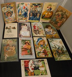 Lot 6-13 Fourteen Antique Postcards, 2 Halloween, 3 Military,etc. (Top 2-drawer)