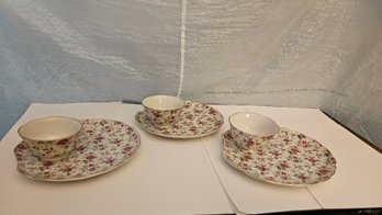 Lot 6-105 Three Lefton Rose Cintz Snack Plate And Cups (white Shelf)