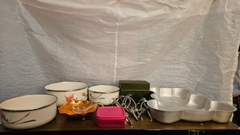 Lot 6-222 .Misc Kitchen Lot, Lincoware Enamel Bowls, Beaters, Bear Cake Pan, Etc.
