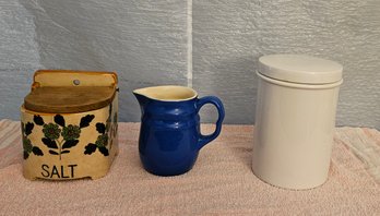 Lot 6-241 Ironstone Cannister, Stoneware Pitcher, Salt (top Tangray Cabinet)