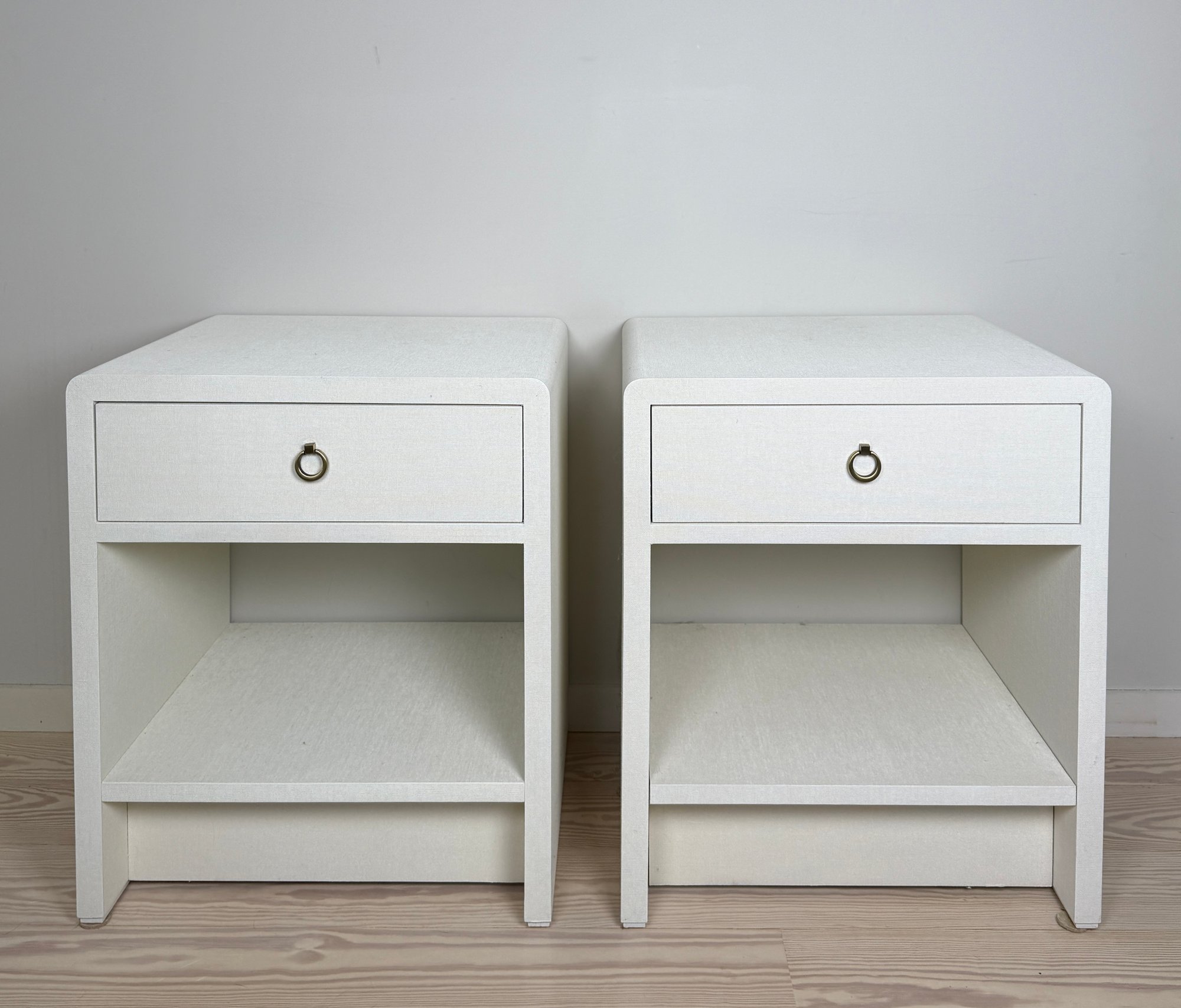 White Raffia Covered Side Tables With Brass Pulls #9366 | Auctionninja.com