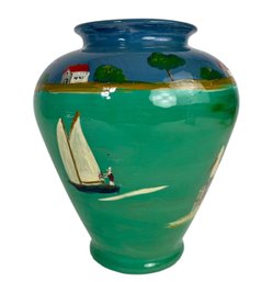 Hand Painted Glass Urn Shaped Vase - Cape Cod Scene