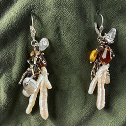 Sterling Silver And Multi Pearl Dangle Cluster Earrings