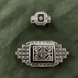 Sterling Silver Onyx An Marcasite Brooch And Ring