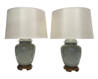 Pair, Ceramic Lamps In Celadon Glaze With Silk Shades