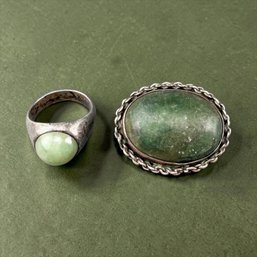 Sterling Silver And Jade Brooch And Ring
