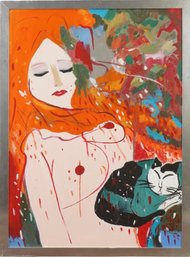(Attr) WALASSE TING, OIL ON CANVAS, REDHEADED WOMAN WITH CAT