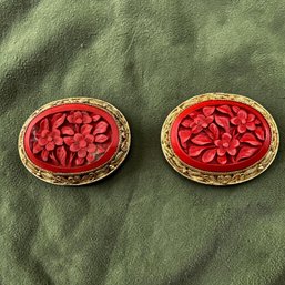 Pair Of Chinese Sterling Silver Filigree And Cinnabar Brooches