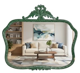 Antique Baroque Style Wall Mirror Painted In Green Lacquer