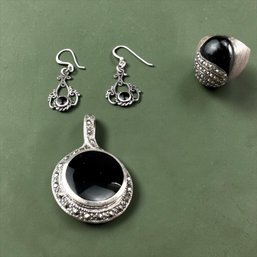 Sterling Silver Onyx And Marcasite Jewelry Suite