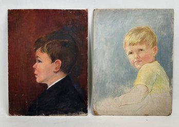 Mid Century Oil On Canvas Board, Child Portraits