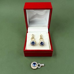 14kt Gold Diamond And Sapphire Drop Earrings And Pendant