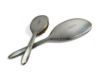 Antique Sterling Silver Hand Mirror And Brush