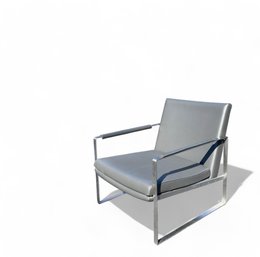 Brushed Nickel Frame Arm Chair Upholstered In Grey Leather