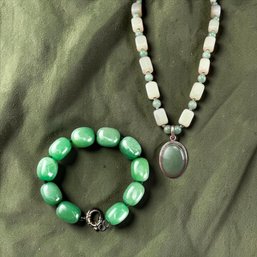 Jade And Sterling Necklace And Bracelet