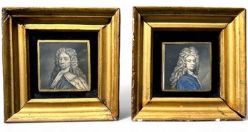 Pair, Antique Petite Male Portraits Behind Reverse Painted Glass