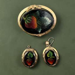 Victorian Gold Filled Reverse Glass Painted Strawberry Earrings And Pin