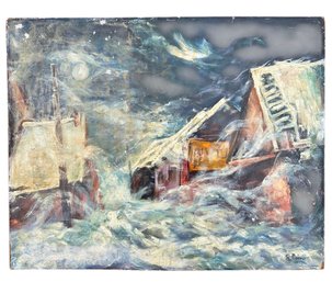 R. Norris, 1971 Impressionist Painting, Oil On Board Of Winter Storm Near The Water
