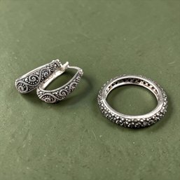 Sterlign Silver And Marcasite Hoop Earrings And Ring