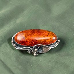 Large Art Nouveau Oval Amber And Sterling Silver Ring