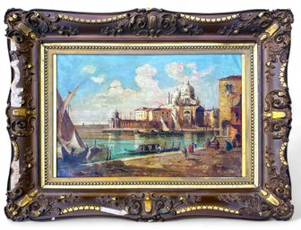 C1930's Framed Oil On Canvas Venice With Building And Gondolas, Signed