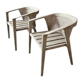 Pair, Teak And Woven Back Restoration Hardware Style Chairs