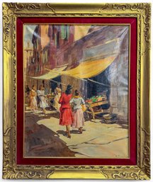 C 1930's Framed Oil On Canvas, Italian Women At The Market, Signed