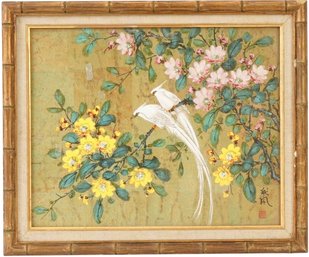 CHINESE BIRDS ON BRANCH, FRAMED OIL ON CANVAS