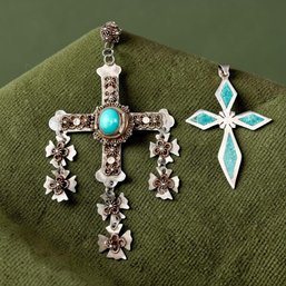 Taxco Mexico Sterling Silver And Turquoise Crosses