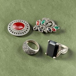 Sterling Silver, Carnelian, Onyx And Marcasite Rings And Pins