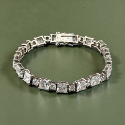 Chunky Sterling Silver Square And Round Rhinestone Tennis Bracelet