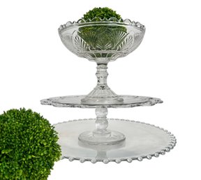 Vintage Pressed Glass Pedestal Bowl, Cake Platter And Plate