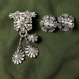 Antique Norweigan Sterling Silver Solje Pin And Earrings