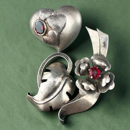 Botanic And Heart Brooches In Sterling Silver With Garnet And Red Stones