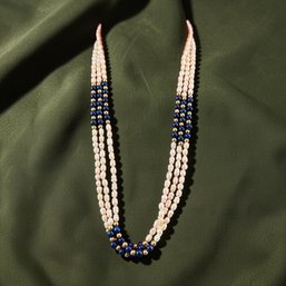 Triple Strand Fresh Water Pearl, Lapis Lazuli And 14kt Gold Bead Necklace