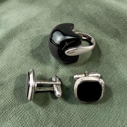 Modernist Sterling Silver And Black Onyx Ring And Cufflinks