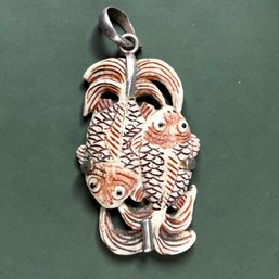 Chinese Sterling Silver And Carved Bone Fish Pendant