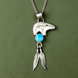 Sam Knee Style Navajo Sterling Silver Bear With Feathers And Turquoise Pendant
