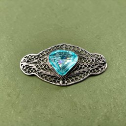 Sterling SIlver Filigree And Topaz Brooch