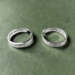 Pair, Greek Key Hoop Earrings In Sterling Silver