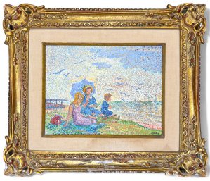 Yvonne Canu, 'Les Mouttes' French B.1921-2008 Original Oil On Canvas, Three Figures Beachside