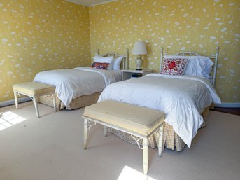 PAIR Of HOLLYWOOD REGENCY BAMBOO-TURNED UPHOLSTERED BENCHES