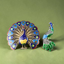(2) Sterling Silver And Enamel Peacock Pins (one With Filigree)