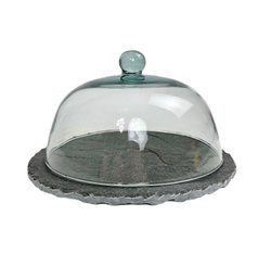 Slate Tray With Light Blue Glass Dome, Great For Dessert Or Cheese Plates
