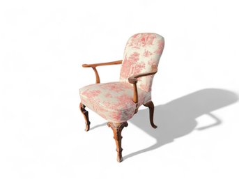 Antique Continental Queen Anne Arm Chair With Toile Upholstery