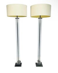 Pair Restoration Hardware Class Column Floor Lamps With Linen Drum Shade
